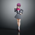 Anime Style Game Character In Gray School Uniform With Purple Hair Glasses And Pink Bow