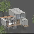 Sustainable Container House On Stilts With Glass Windows Wooden Deck And Trees