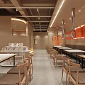 Modern Style Restaurant With Open Layout Orange Decor Long Tables And Bright Lighting 3d model