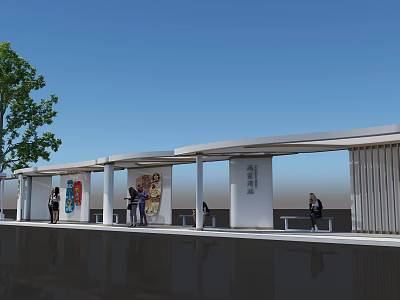 Modern Station Exterior Design With White Canopy Art Murals Pedestrians Benches And Trees 3d model