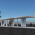 Modern Station Exterior Design With White Canopy Art Murals Pedestrians Benches And Trees