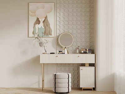 Stylish Vanity Table with Round Mirror Stool and Geometric Tile Wall Art 3d model