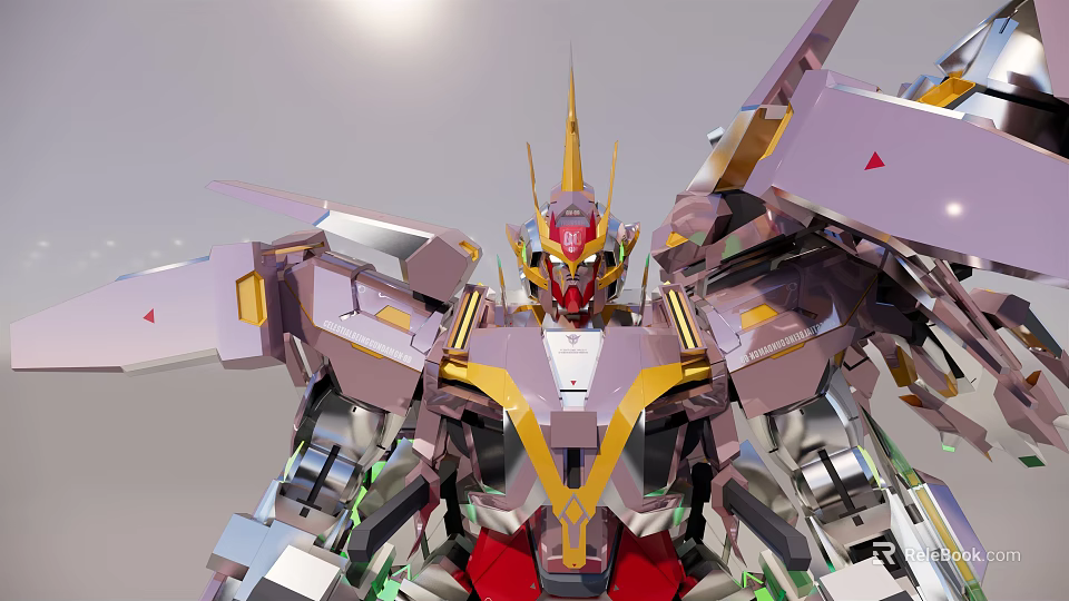 Metallic Mecha Robot Model With Silver Gold Red Accents And Spiked Crown Armor 3d model 