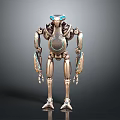 Sci Fi Metallic Robot With Blue Glowing Eyes And Mechanical Limb Structure