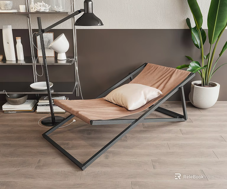 Modern Lounge Chair With Brown Cushion Black Metal Frame And Large Green Plant 3d model 