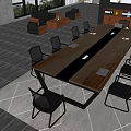 Modern Large Conference Table With Wooden Top Black Frame And Black Chairs In Office Space