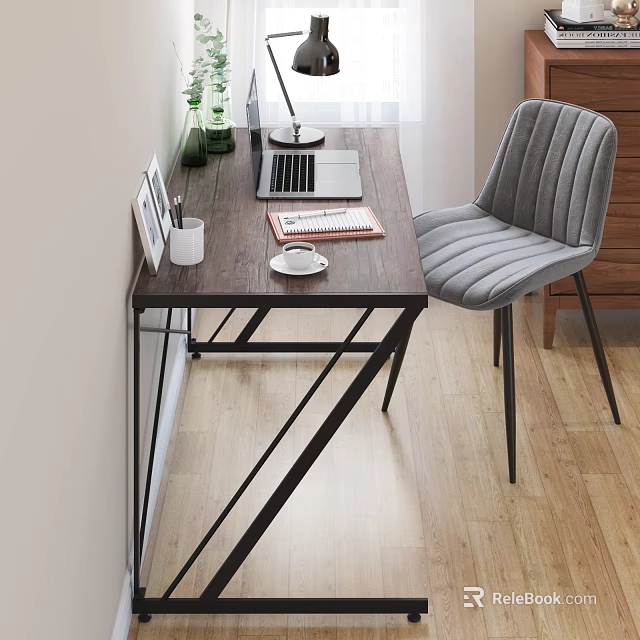Modern Office Desk With Laptop Notebook Coffee Cup And Grey Chair In Workspace 3d model 