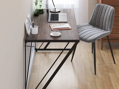 Modern Office Desk With Laptop Notebook Coffee Cup And Grey Chair In Workspace 3d model