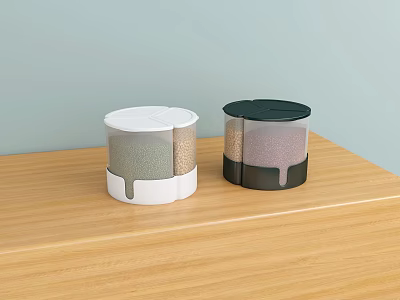 Practical Household Storage Containers With White And Black Lids On Wooden Table 3d model