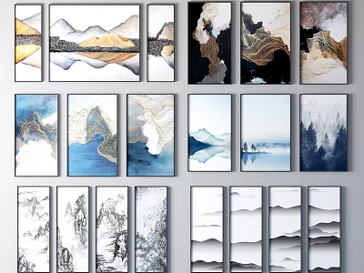 Modern Abstract Landscape Paintings With Blue Gold Black White Textures Lines And Vertical Horizontal Designs 3d model