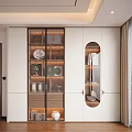 Modern Display Cabinet with Glass Doors and Interior Lighting Showcasing Decorative Plates and Vases