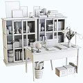 Modern Office Desk And Chair Set With Laptop Bookshelf Table Lamp And Decorations