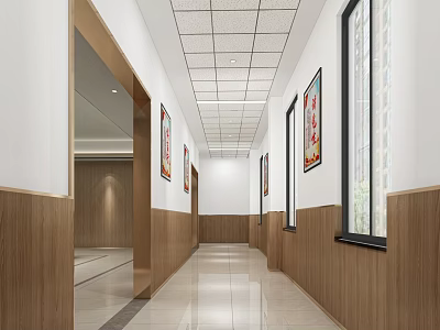 Bright Office Corridor With Wooden Paneling Grid Ceiling And Decorative Paintings 3d model