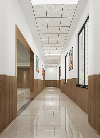 Modern aisle office aisle wall wood veneer marble floor 3d model