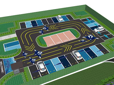 Parking Lot Layout With Lane Lines Arrows Green Area And Parked Cars 3d model