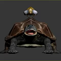 Turtle With Vibrant Patterned Shell Extended Head Open Mouth And Small Insect On Dark Surface