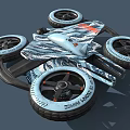 Four Wheel Vehicle With Blue And White Camouflage Pattern Large Tires And White Wheel Hubs