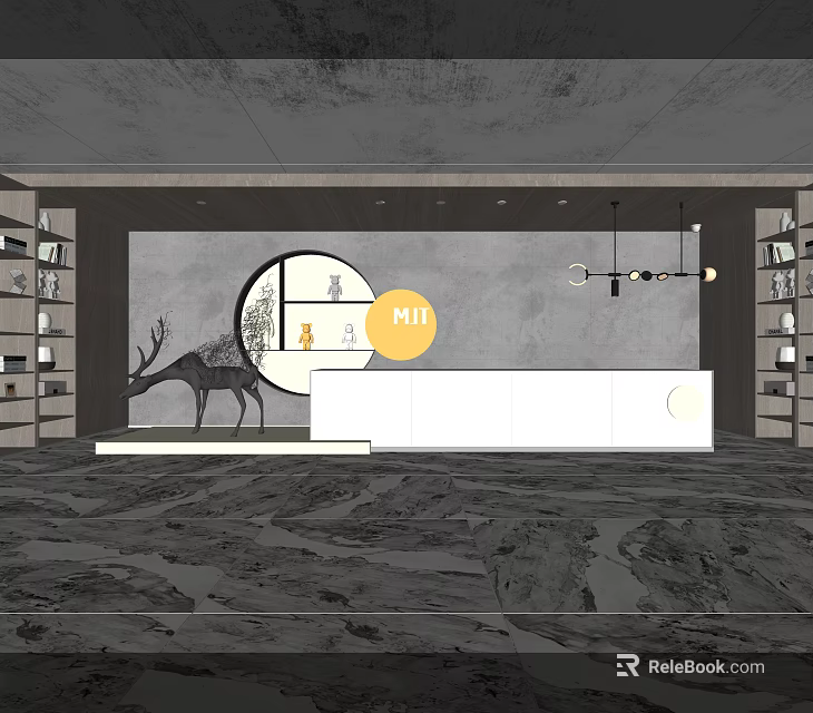 Modern Minimalist Front Desk Reception Area With Circular Wall Art Deer Sculpture And Pendant Lights 3d model 
