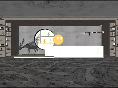 Modern Minimalist Front Desk Reception Area With Circular Wall Art Deer Sculpture And Pendant Lights 3d model