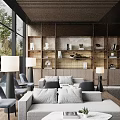 Modern Luxury Sales Office Lounge Space With Comfortable Sofas And Elegant Display Wall Shelves