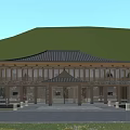 Traditional Style Visitor Center With Tiled Roof Glass Windows And Green Mountain Surroundings