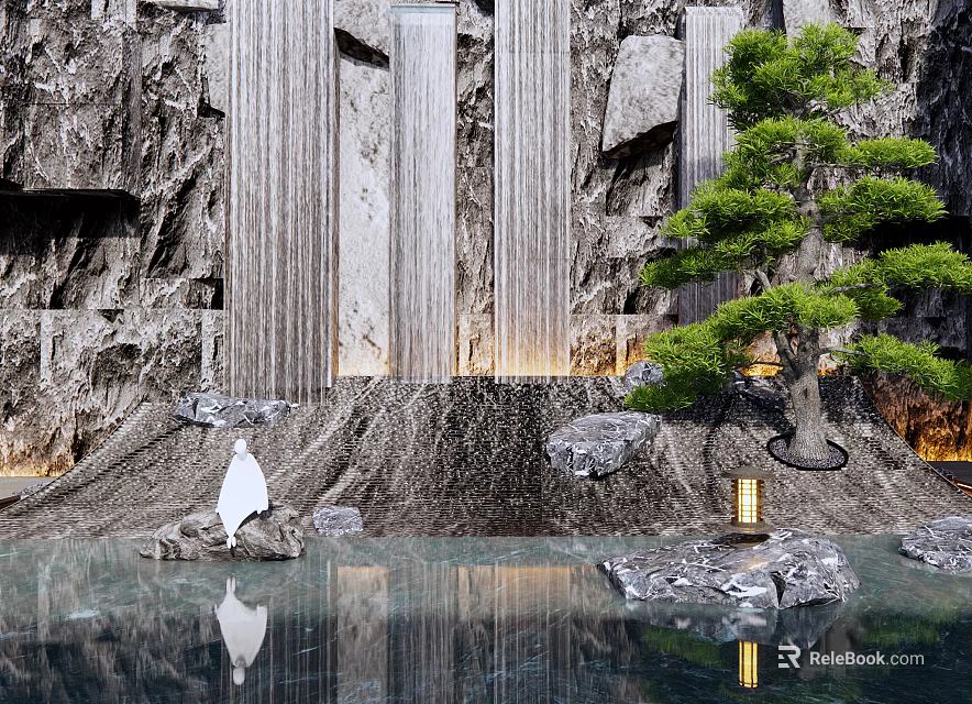 Scenic Wall Landscape Design Featuring Waterfall Rocks Small Tree and Lantern by Decorative Pond 3d model 