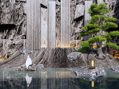 Scenic Wall Landscape Design Featuring Waterfall Rocks Small Tree and Lantern by Decorative Pond 3d model