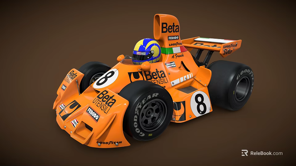 Orange Racing Car With Beta Branding Helmet Tires And Number 8 3d model 