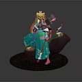 Fantasy Game Movie Character With Orange Long Hair Headdress Blue Green Outfit And Bow