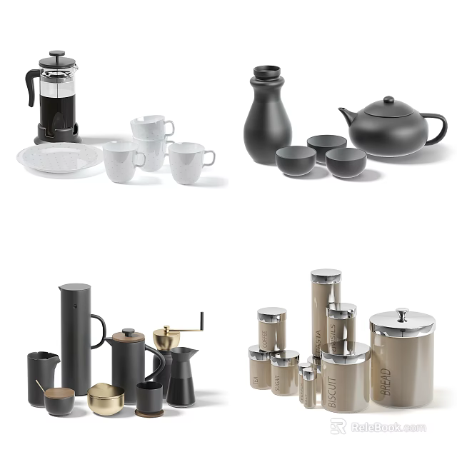 Modern Minimalist Ceramic Tea Set With Black White Gray Teapot Mugs And Jars 3d model 