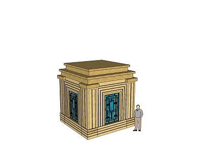 Small Brown Stone Structure With Two Blue Windows Carved Details And A Person Standing Nearby 3d model
