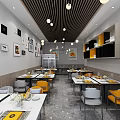 Modern Restaurant Interior With Orange Gray Chairs Black Ceiling Panels And Pendant Lights