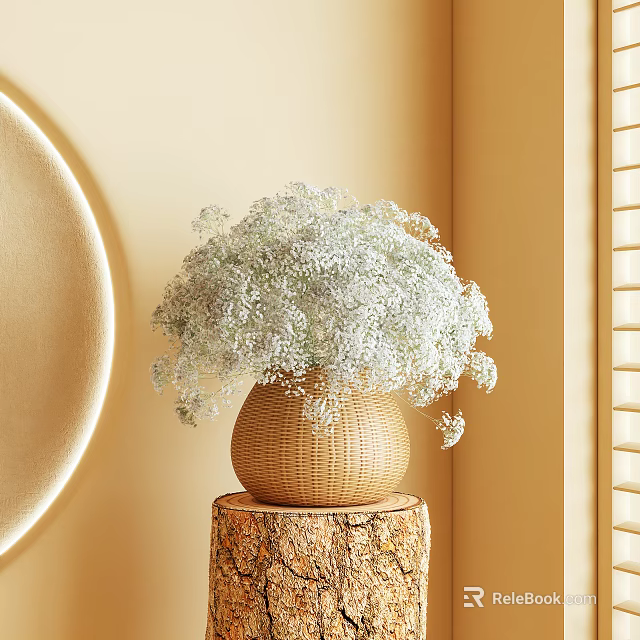 Wicker Vase With White Baby's Breath Flowers On Wooden Stump Base In Beige Interior 3d model 
