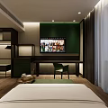 Modern Hotel Guest Room Interior with Green Headboard White Bed Linens and Wooden Flooring