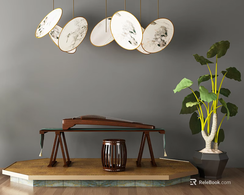 Traditional Chinese Instruments and Painting Tools Display with Guzheng Drum Circular Ink Paintings and Plant 3d model 