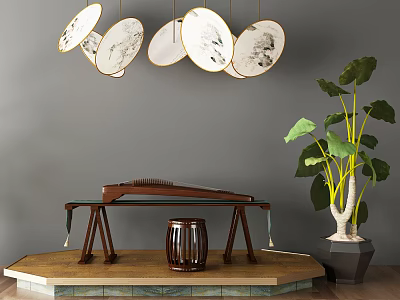 Traditional Chinese Instruments and Painting Tools Display with Guzheng Drum Circular Ink Paintings and Plant 3d model