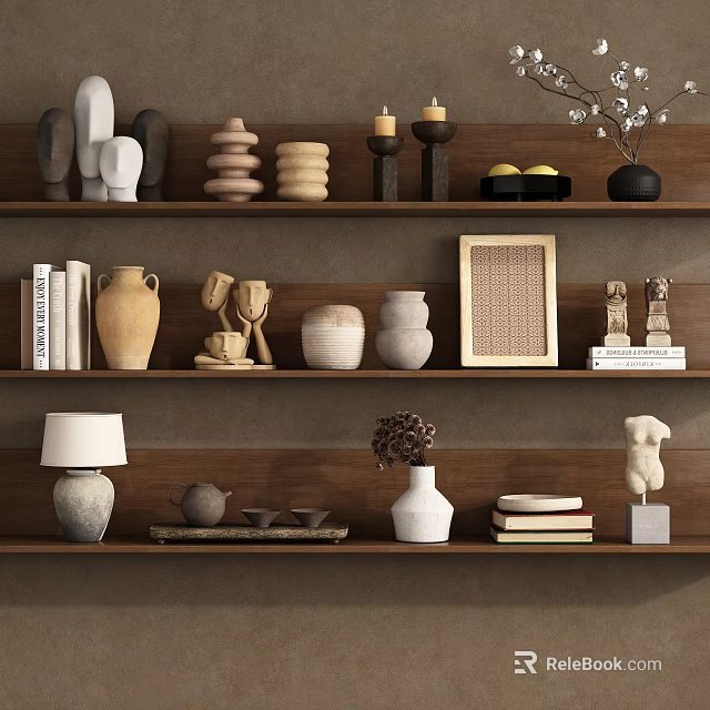 Natural Minimalist Decorative Ornament Arrangement With Vases Sculptures Candle Holders And Books On Shelves 3d model 