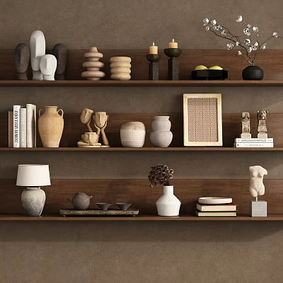 Natural Minimalist Decorative Ornament Arrangement With Vases Sculptures Candle Holders And Books On Shelves 3d model