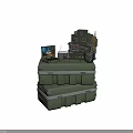 Green Stacked Storage Boxes With Electronic Devices And Screen
