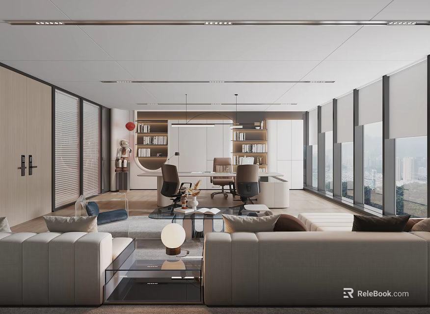 Elegant Modern Office Interior With Sofa Coffee Table Bookshelf Desk And City View Through Windows 3d model 
