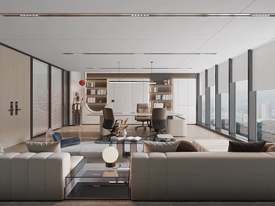 Elegant Modern Office Interior With Sofa Coffee Table Bookshelf Desk And City View Through Windows 3d model