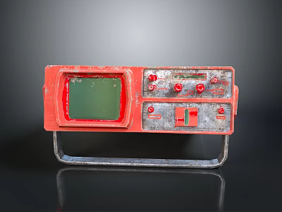 Red Weathered Weapon Control Panel With Green Screen And Metal Stand 3d model