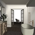 Luxurious Bathroom Interior With Wooden Vanity Mirror Open Doors Mountain View And Free Standing Bathtub