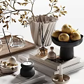 Elegant Decorative Ornament Set With Golden Branches Vase Pears Candle Tray Books And Lamp