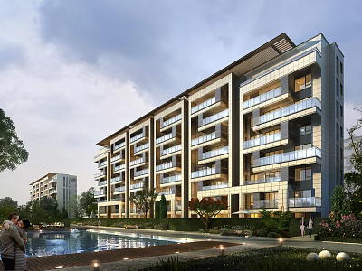 Modern Multi Story Residential Building With Balconies Swimming Pool And Lush Greenery 3d model
