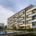 Modern Multi Story Residential Building With Balconies Swimming Pool And Lush Greenery