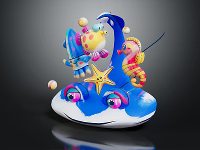 Vibrant Marine Character And Creatures With Seahorse Starfish Spotted Fish Blue Base And Colorful Balls 3d model