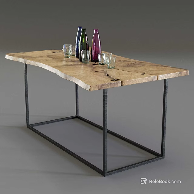 Natural Wood Dining Table With Metal Frame And Colorful Bottles Glass Cups 3d model 