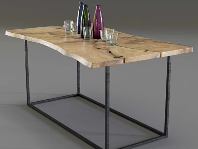 Natural Wood Dining Table With Metal Frame And Colorful Bottles Glass Cups 3d model