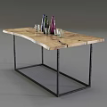 Natural Wood Dining Table With Metal Frame And Colorful Bottles Glass Cups